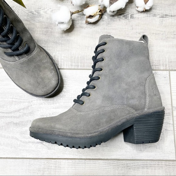 Fly London Shoes - Fly London Wune Suede Lace Up Combat Block Heel Boots Diesel Grey Brown Size 37